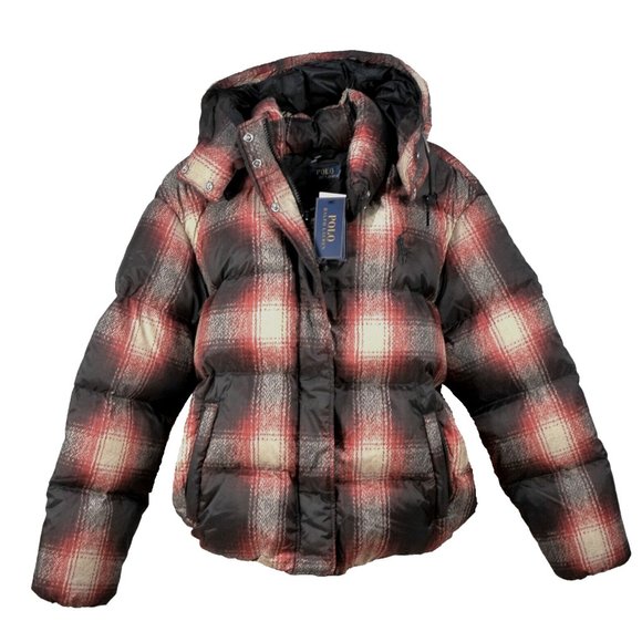 NEW $498 Polo Ralph Lauren Carly Down Puffer Jacket!Red Creme & Black Plaid